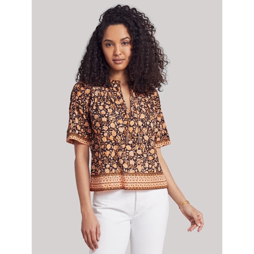 Faherty Arcadia Short Sleeve Top in Wanderlust Floral Orange Black